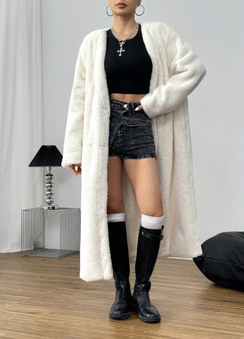 Кремовое демисезонное Пальто двубортное SHEIN