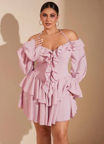 Світло-рожева коктейльна сукня кльош, з відкритими плечима, з відкритою спиною SHEIN однотонна