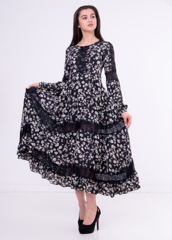 Черное кэжуал платье а-силуэт MEIRUIYA с цветочным принтом