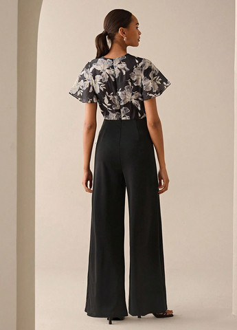 Комбінезон SHEIN комбінезон-брюки квітковий чорний діловий, кежуал поліестер
