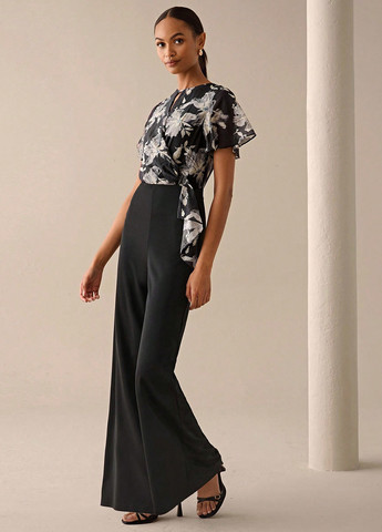Комбінезон SHEIN комбінезон-брюки квітковий чорний діловий, кежуал поліестер