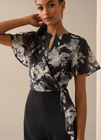 Комбінезон SHEIN комбінезон-брюки квітковий чорний діловий, кежуал поліестер