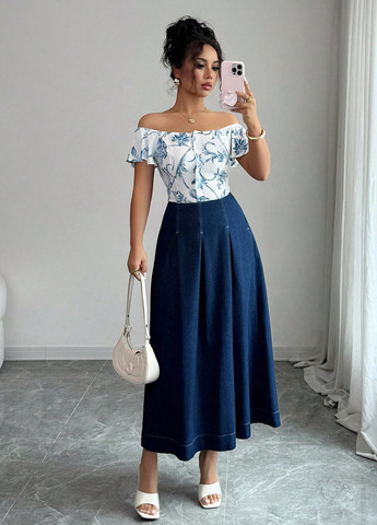 Темно-синяя джинсовая однотонная юбка SHEIN клешированная