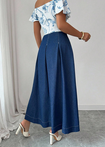 Темно-синяя джинсовая однотонная юбка SHEIN клешированная