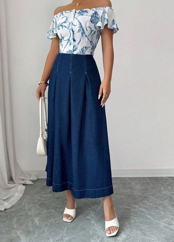 Темно-синяя джинсовая однотонная юбка SHEIN клешированная