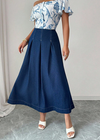 Темно-синяя джинсовая однотонная юбка SHEIN клешированная