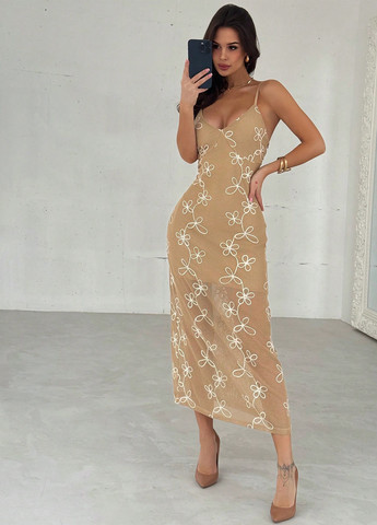 Бежевое праздничный, кэжуал платье а-силуэт SHEIN однотонное