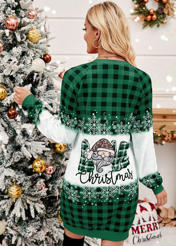 Зеленое кэжуал платье платье-свитшот SHEIN с новогодним принтом