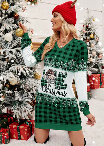 Зеленое кэжуал платье платье-свитшот SHEIN с новогодним принтом