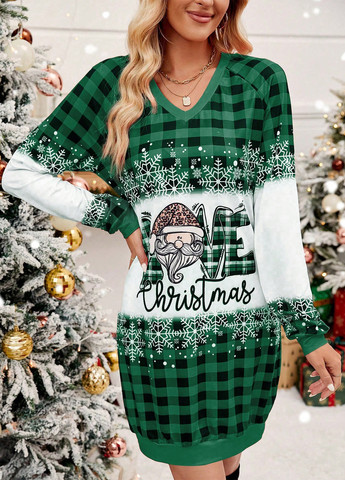 Зеленое кэжуал платье платье-свитшот SHEIN с новогодним принтом