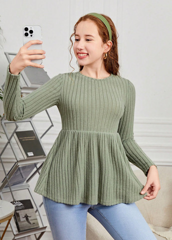 Оливковый демисезонный кэжуал лонгслив SHEIN однотонный