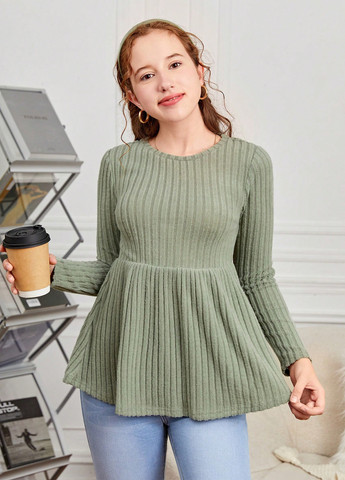 Оливковый демисезонный кэжуал лонгслив SHEIN однотонный