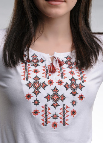 Жіноча вишита футболка Зоряне сяйво біла з червоним Melanika (250206173)