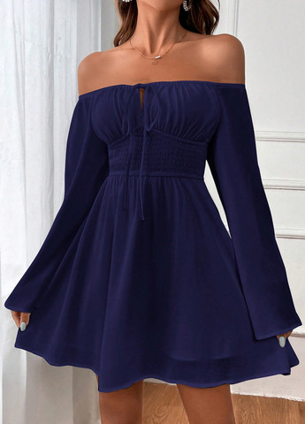 Темно-синя кежуал сукня кльош, з відкритими плечима SHEIN однотонна