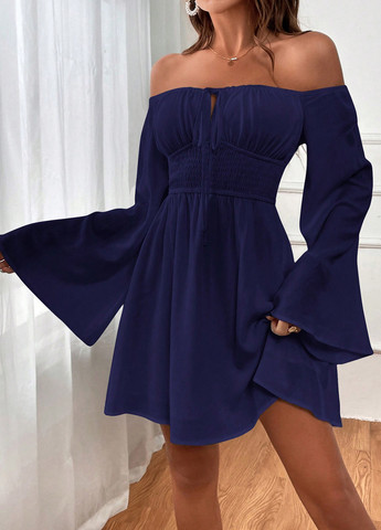 Темно-синя кежуал сукня кльош, з відкритими плечима SHEIN однотонна