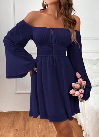 Темно-синя кежуал сукня кльош, з відкритими плечима SHEIN однотонна