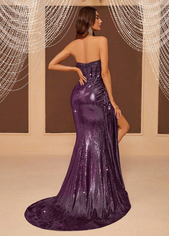 Темно-Фиолетовое вечернее платье со шлейфом SHEIN однотонное