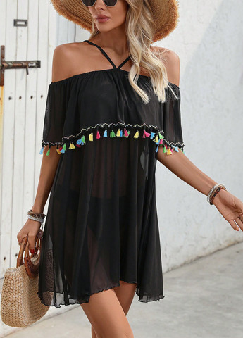 Черное пляжное платье с открытыми плечами SHEIN однотонное