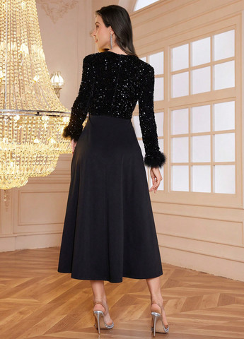 Черное праздничный, вечернее платье клеш SHEIN однотонное