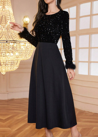 Черное праздничный, вечернее платье клеш SHEIN однотонное