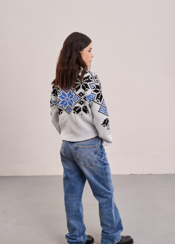 Бежевий демісезонний джемпер "соломійка" (синій орнамент) one size MEREZHKA