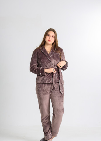 Темно-коричнева всесезон велюрова піжама (халат+штани) мокко кофта + брюки SONTSVIT