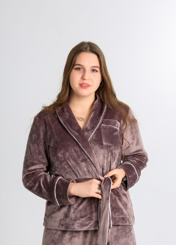 Темно-коричнева всесезон велюрова піжама (халат+штани) мокко кофта + брюки SONTSVIT