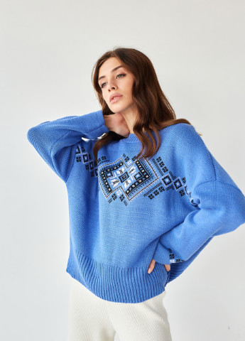 Джемпер oversize в українському стилі Етно темно блакитний з чорним + білим MEREZHKA (254774584)