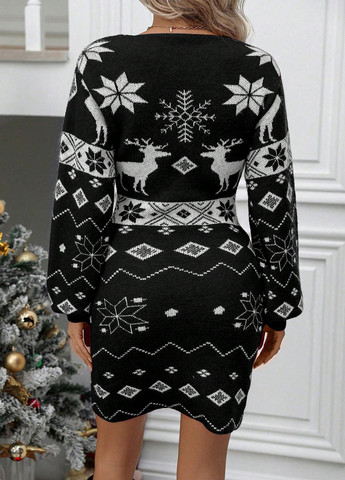 Черное кэжуал платье платье-свитер SHEIN с орнаментом