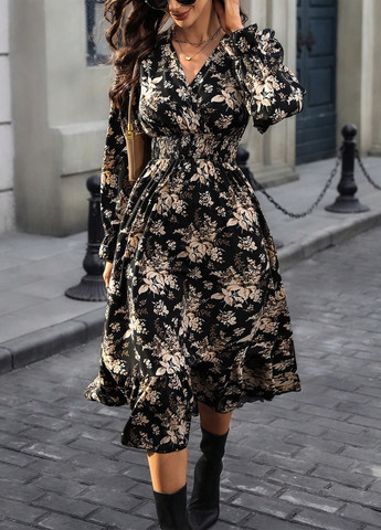 Комбинированное кэжуал платье клеш SHEIN с цветочным принтом