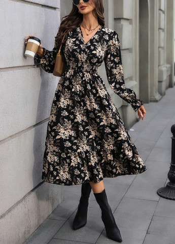 Комбинированное кэжуал платье клеш SHEIN с цветочным принтом