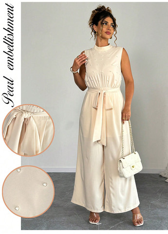 Комбінезон SHEIN комбінезон-брюки однотонний кремовий святковий, кежуал поліестер
