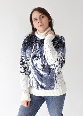 Молочный демисезонный свитер женский белый зимний с волком большой размер Pulltonic Прямая
