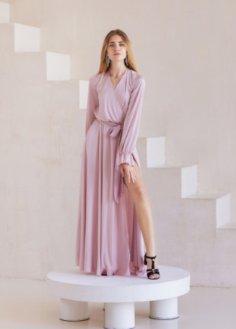 Пудрова вечірня плаття а-силует, з спідницею-сонце, на запах FashionYouWant однотонна