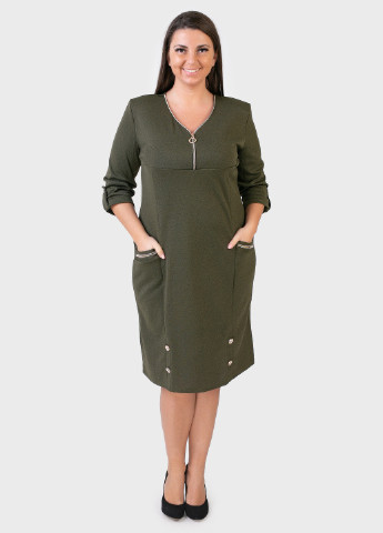 Оливковое кэжуал платье трикотажное оливковое с рукавом три четверти art 00027 BABOCHKA XL Collection однотонное