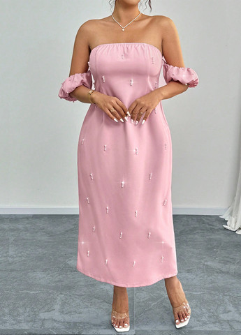 Розовое вечернее платье с открытыми плечами SHEIN однотонное
