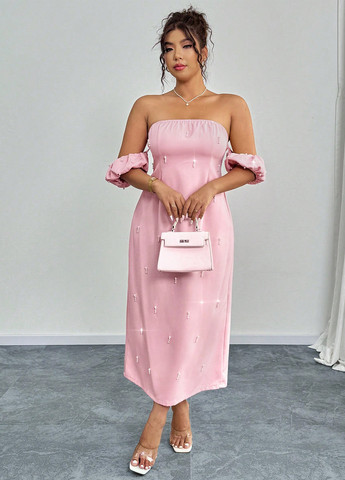 Розовое вечернее платье с открытыми плечами SHEIN однотонное