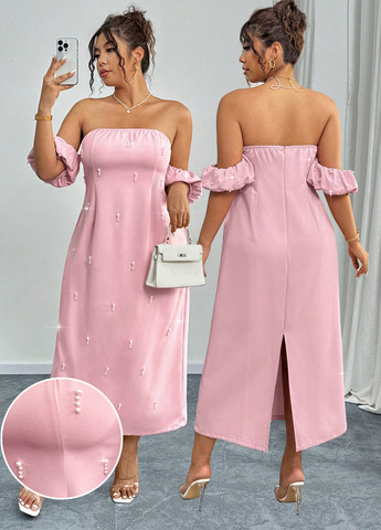 Розовое вечернее платье с открытыми плечами SHEIN однотонное