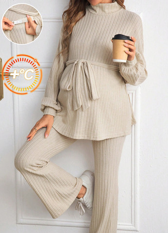 Кремовый демисезонный комплект для беременных (свитер, брюки) SHEIN