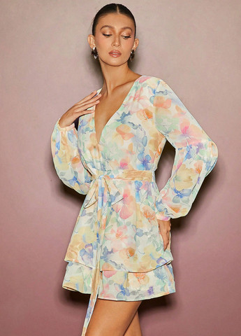 Комбінована святковий, кежуал сукня кльош SHEIN з квітковим принтом