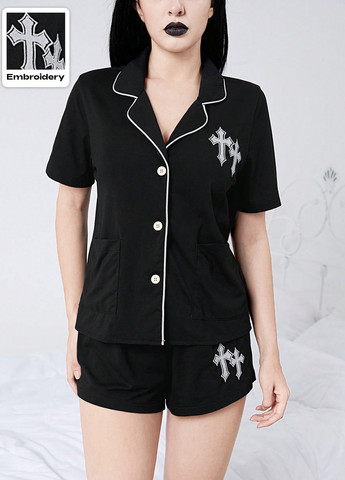 Черная всесезон пижама (рубашка, шорты) рубашка + шорты Romwe