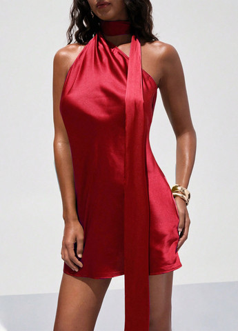 Красное праздничный, коктейльное, вечернее платье с открытой спиной SHEIN однотонное