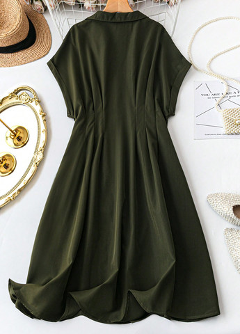 Оливкова (хакі) кежуал сукня сукня-сорочка, кльош SHEIN однотонна