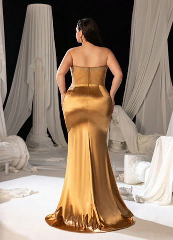 Бронзовое вечернее платье с открытыми плечами SHEIN однотонное