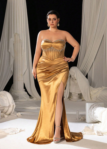 Бронзовое вечернее платье с открытыми плечами SHEIN однотонное