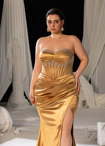 Бронзовое вечернее платье с открытыми плечами SHEIN однотонное