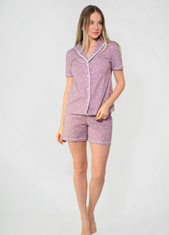 Пудровая всесезон пижама женская хлопок рубашка + шорты NEL