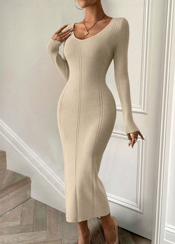 Светло-бежевое кэжуал платье платье-свитер SHEIN однотонное