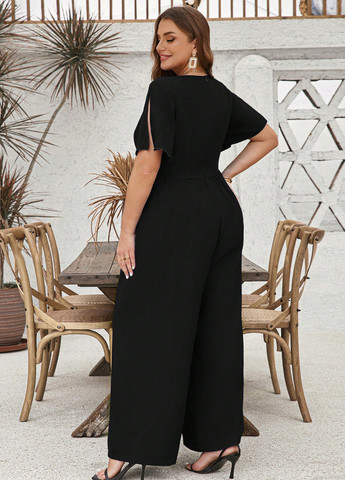 Комбинезон SHEIN комбинезон-брюки однотонный чёрный праздничный, вечерний, кэжуал полиэстер