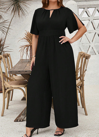 Комбинезон SHEIN комбинезон-брюки однотонный чёрный праздничный, вечерний, кэжуал полиэстер